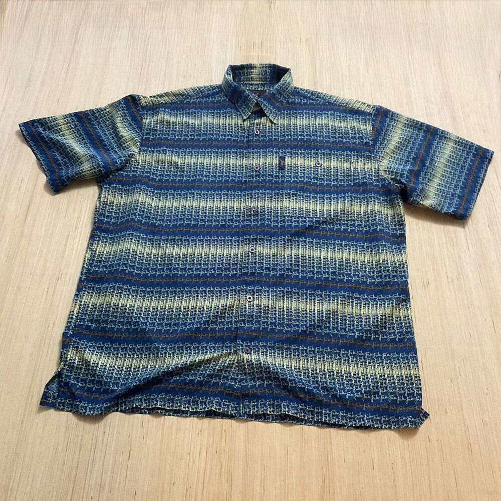 Fubu Shirt Mens Y2K  XL Blue Yellow Orange Button Up Fubu Print Short Sleeve